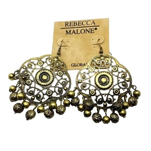 Rebecca Malone Earrings Beaded Fringe Boho Style Antique Gold Tone New - Picture 1 of 4